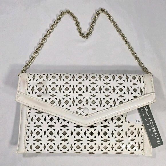 Sondra Roberts Squared Handbag Diagonal Open Cut White on Beige Chain and Snap - Picture 1 of 12